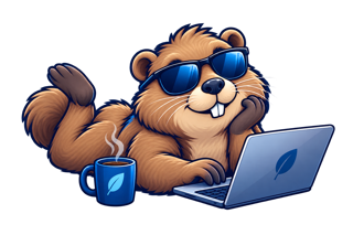 Drainology the groundhog reading at a laptop with a mug of coffee